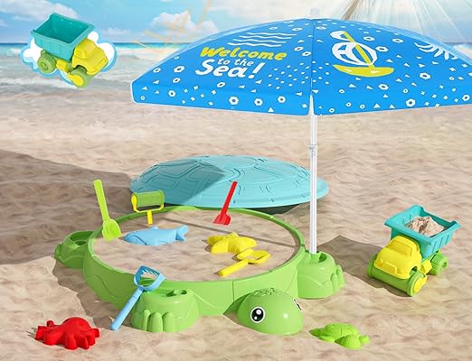 Turtle Sandbox with Lid, Sand Box with Cover incl 8 Sand Toys