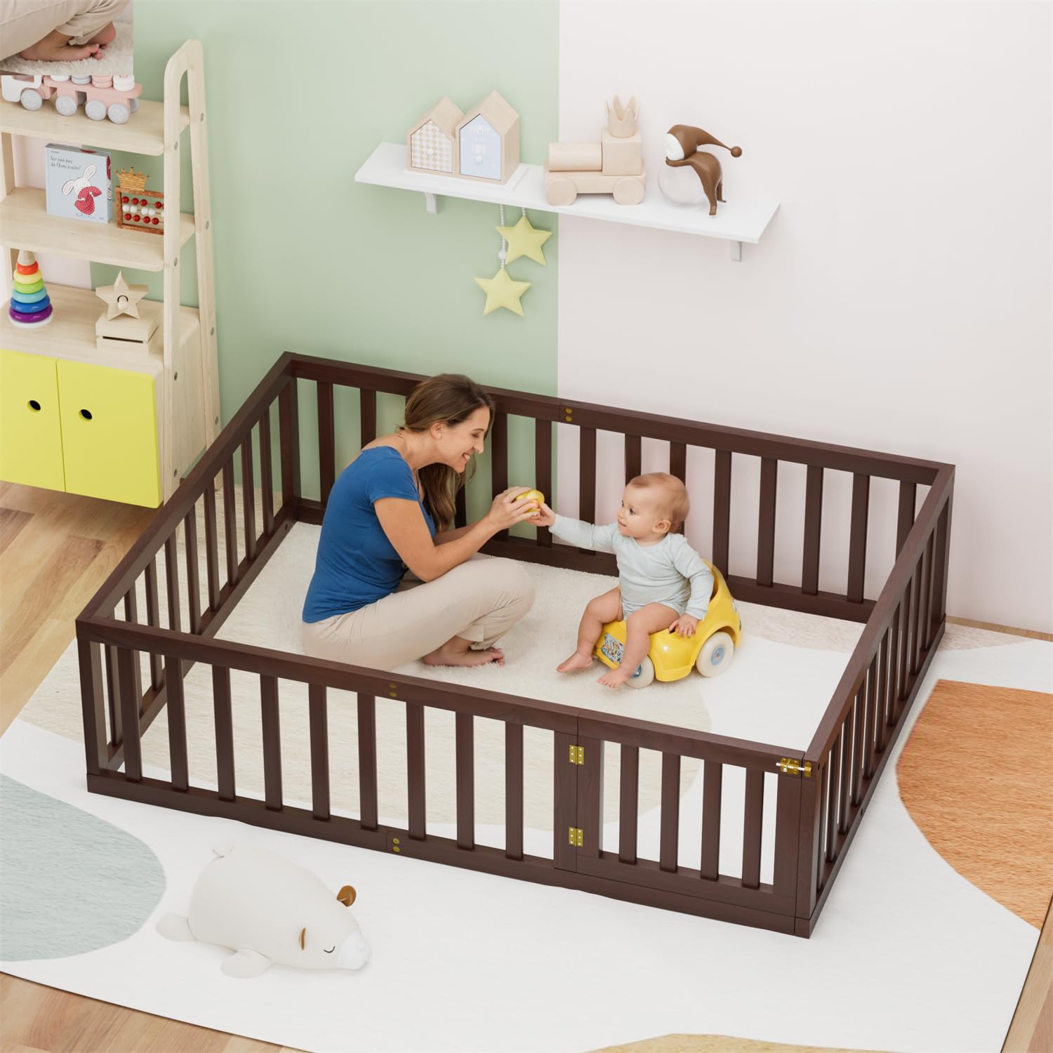 Full Floor Bed for Kids with Door and Safety Guardrails