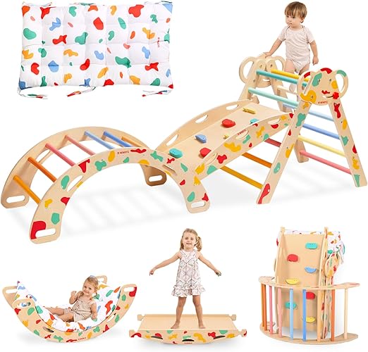 8-in-1 Pikler Triangle Set-Wooden Baby Climbing Toys with Cushion