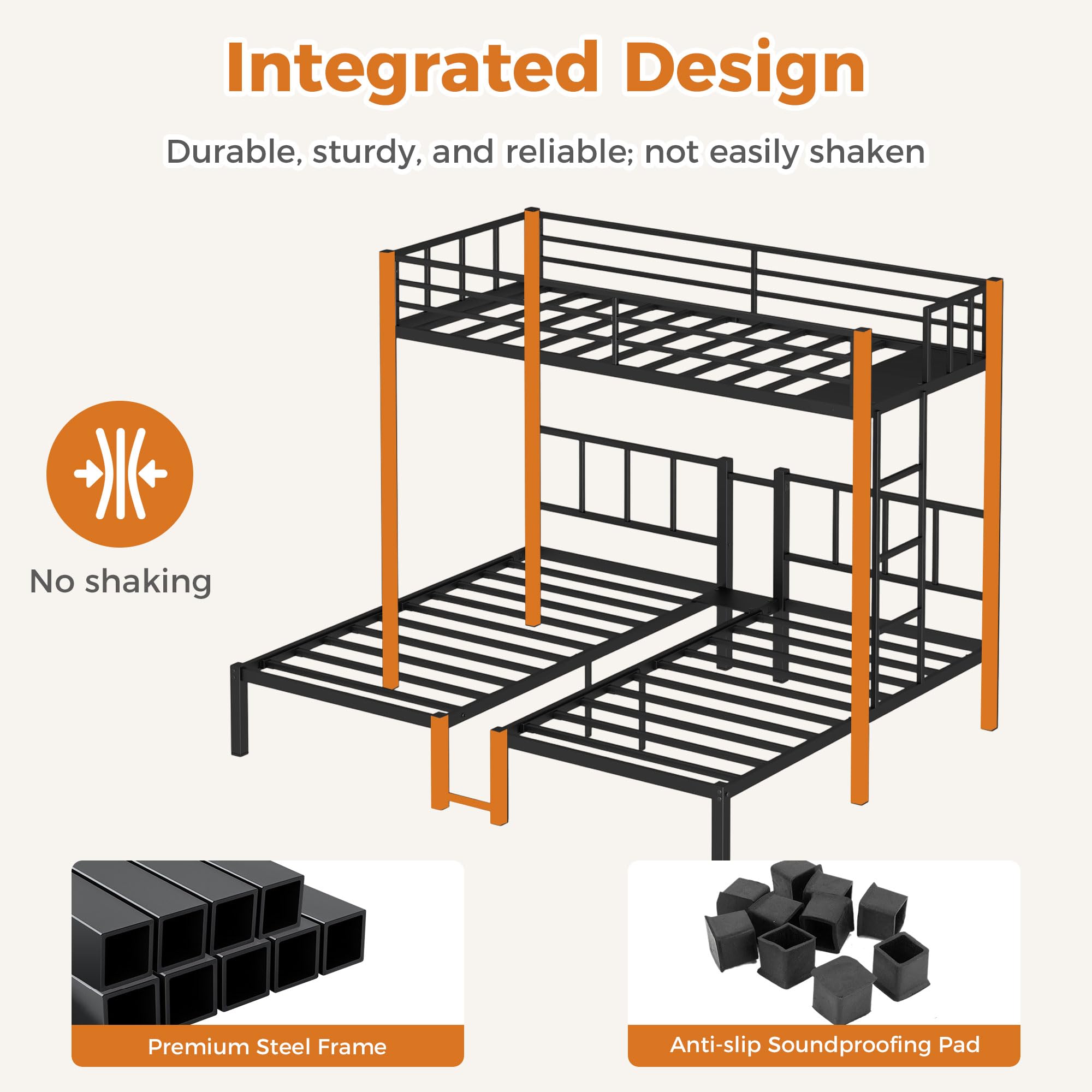 Triple Bunk Bed Metal Frame with Guardrails and Ladder