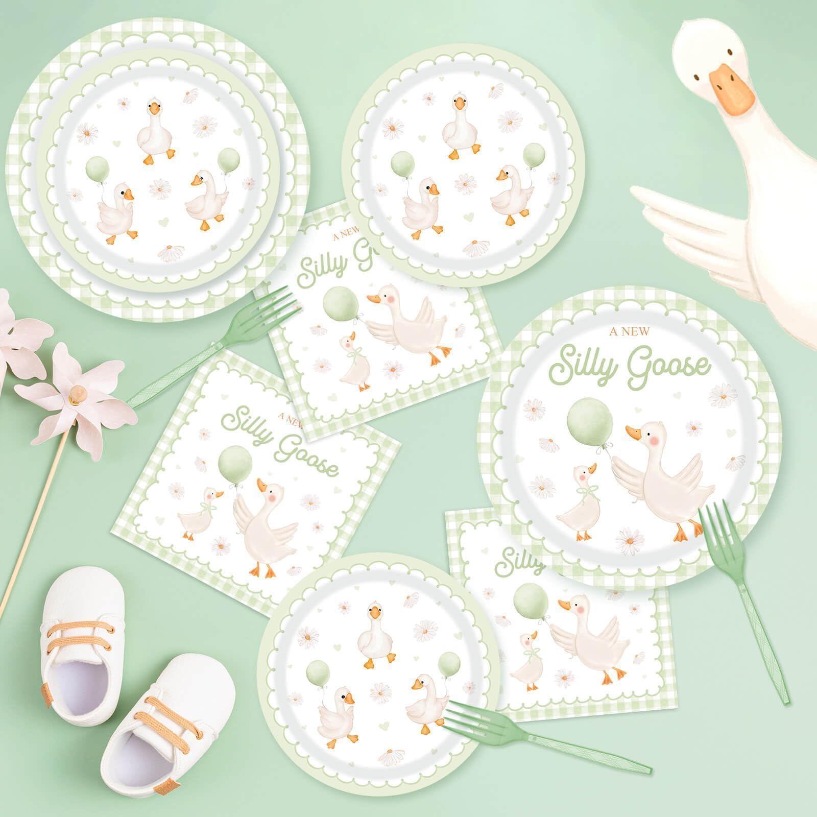 96pcs A New Silly Goose Baby Shower Tableware Kits Goose Theme Disposable Paper Plates and Napkins Set for 24 Guests Farm Animal Baby Shower Supplies for Girls Boys