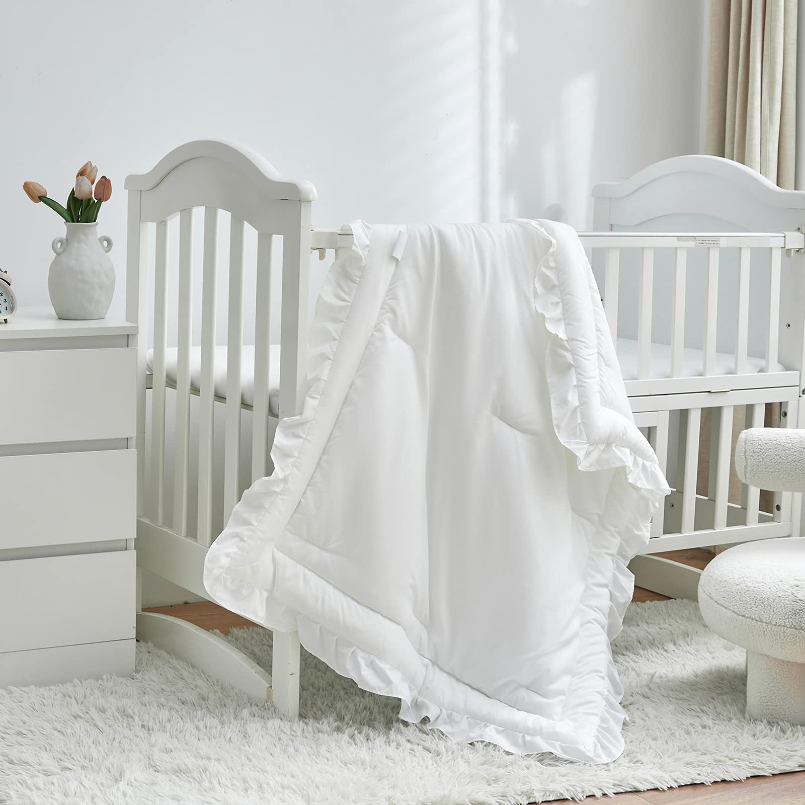 3 Pieces Crib Bedding Set Baby Ruffle Quilted Comforter with Fitted Sheet and Pillowcase
