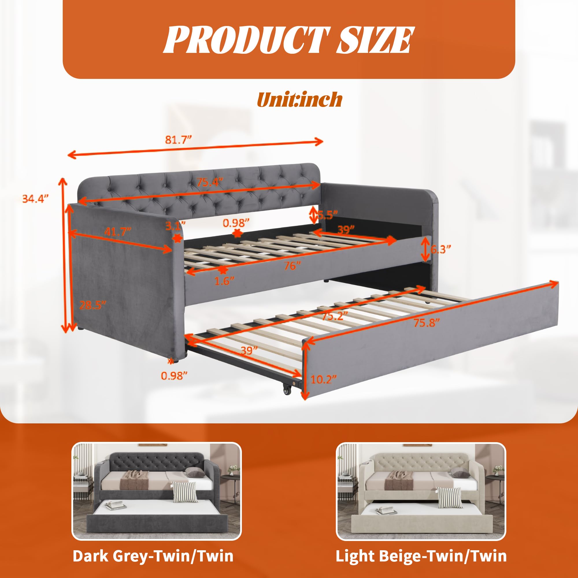 Velvet Upholstered Daybed with Trundle and USB Port