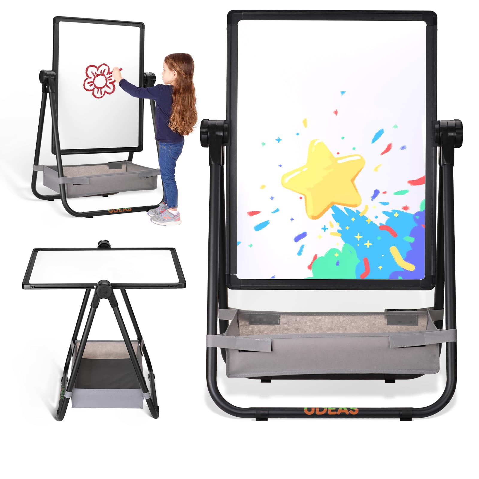 UDEAS Easel for Kids, Adjustable Standing Toddler Easel Magnetic Whiteboard & Chalkboard with 27inch-44inch Height, Double Sided 360°Rotating Kids Art Easel for Toddlers for Boys and Girls 3+
