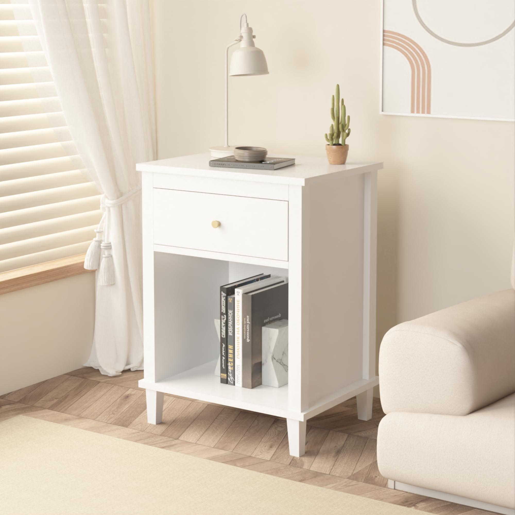 Modern Nightstand, Kids Nightstand with One Drawer, Bedside Table for Boys and Girls, Toddler Night Stand for Living Room, Bedroom, White
