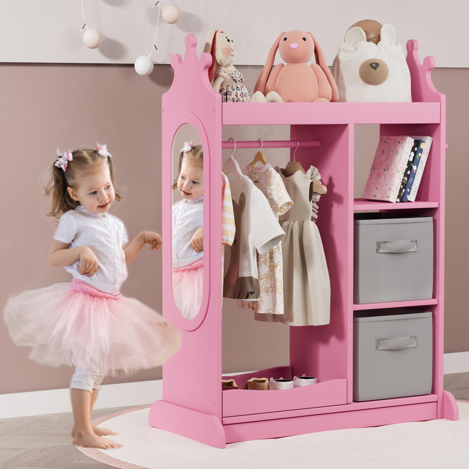 Armoire with Mirror, Open Hanging Dress up Storage with Shelves