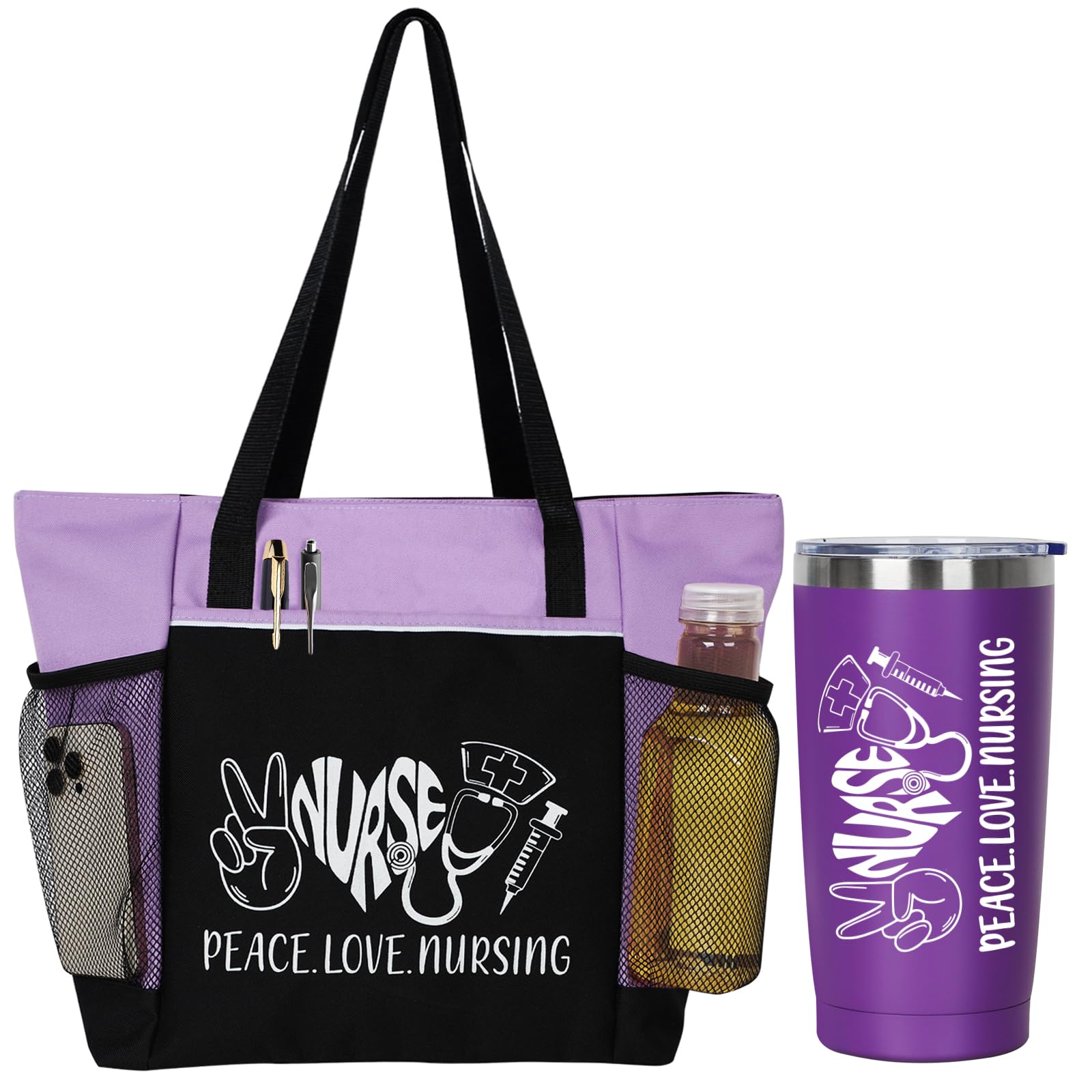 Peace, Love Nursing - 2 Piece Set: Zippered Tote Bag & Insulated Tumbler