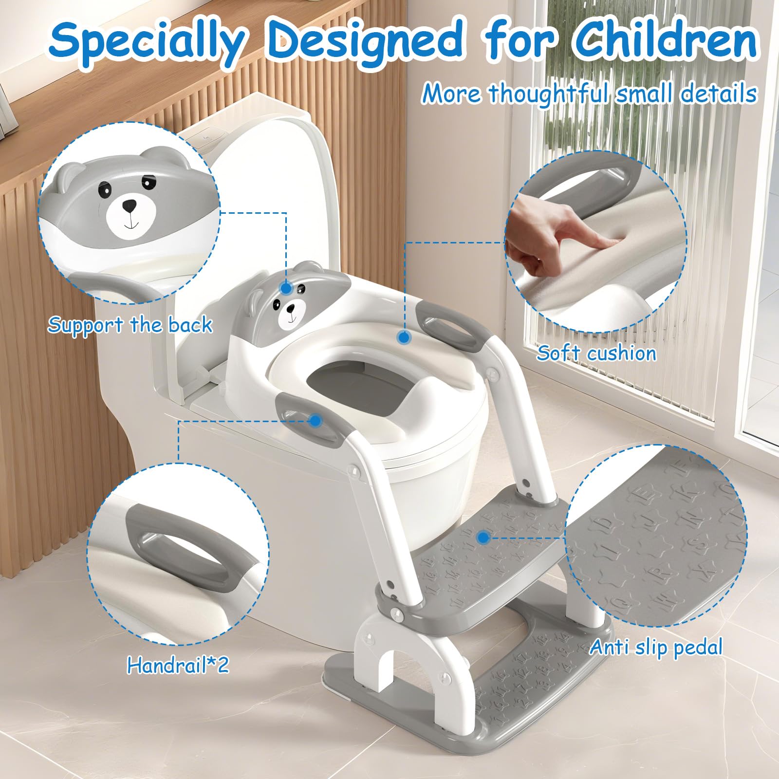 kimitimi Potty Training Seat with Step Stool for Toddlers - Upgrade 2-in-1 Toilet Seat Toilet Ladder for Kids Children Boys Girls, Anti-Slip Pad & Adjustable Height with Waterproof - Grey