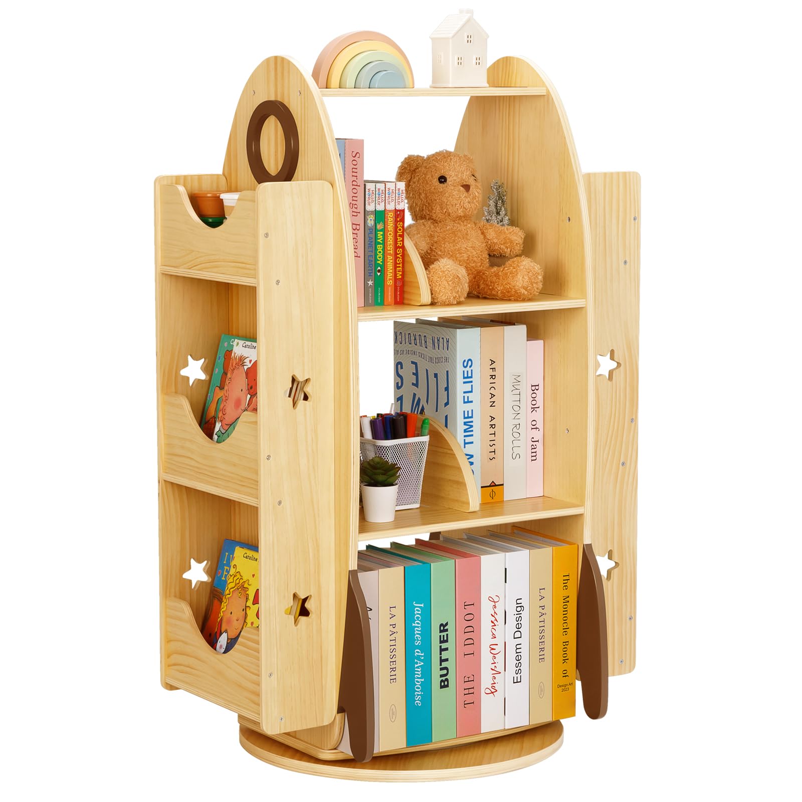 Rocket Rotating Bookshelf for Kids, 360 Display Spinning Bookshelf