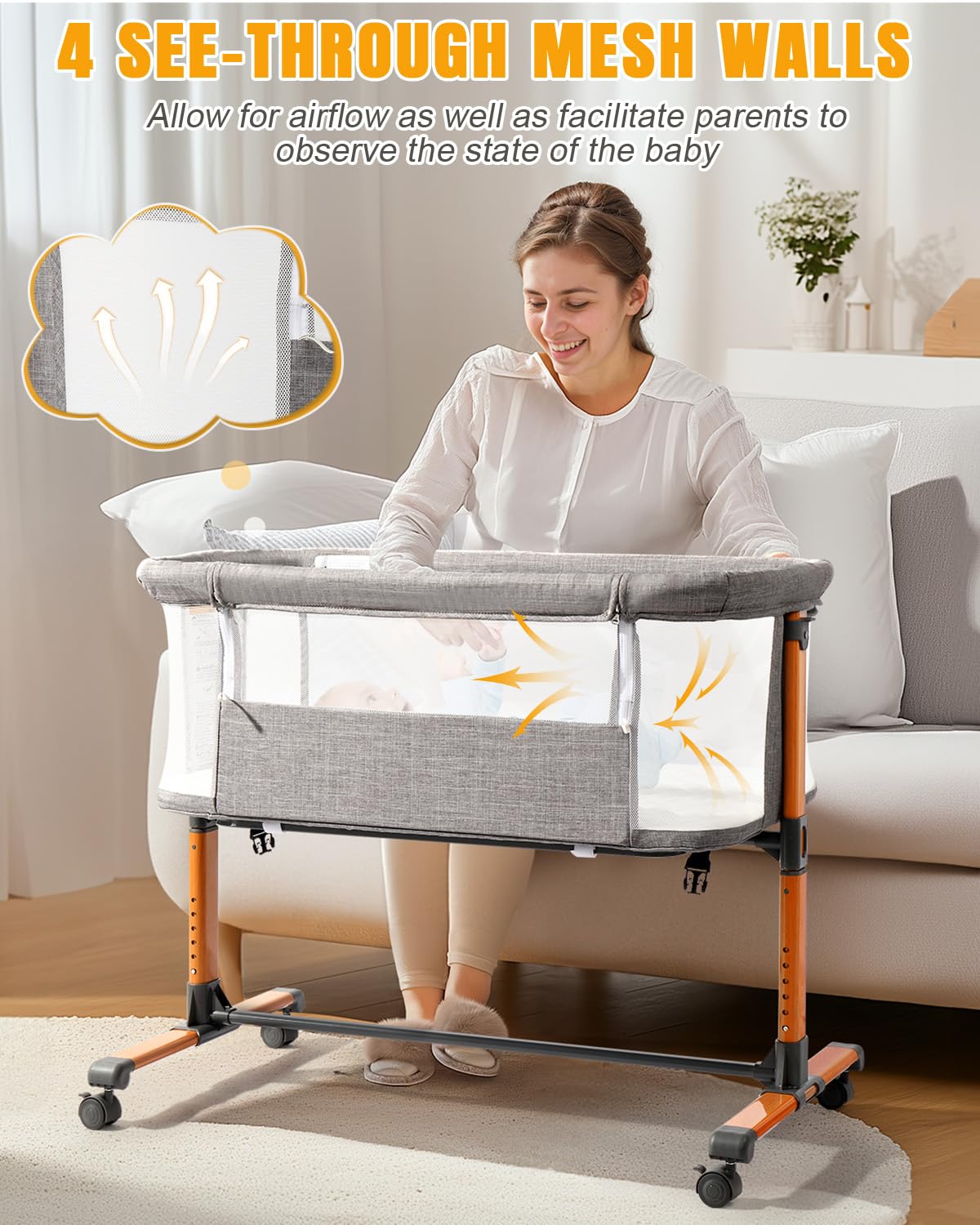 Bedside Baby Bassinet with Adjustable Height