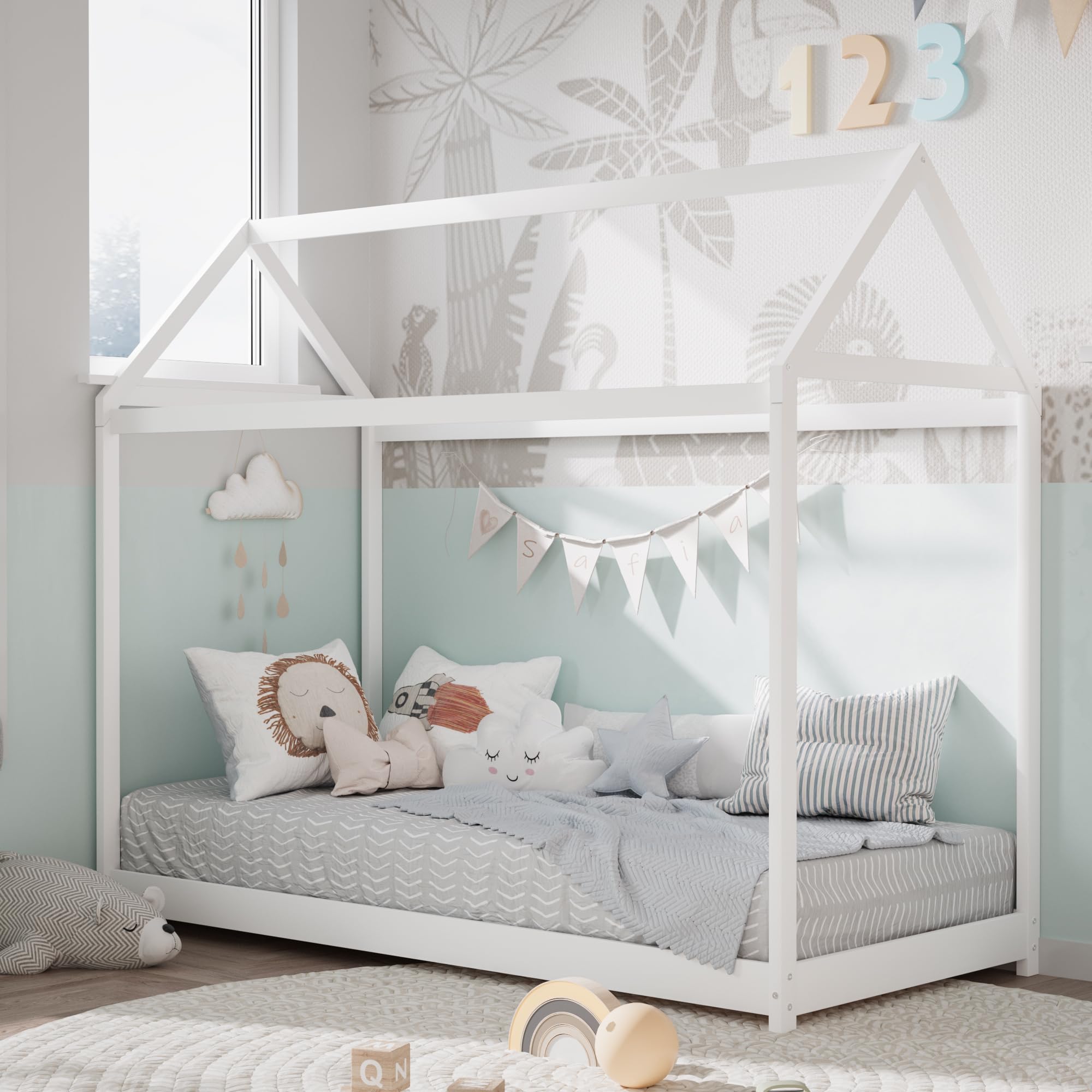 Twin House Bed Frame with Wood Slats