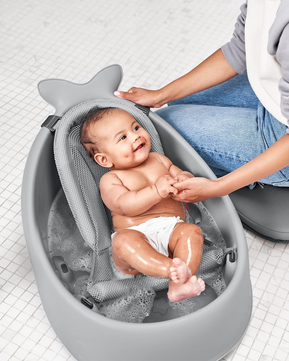 Infant Bath Tub 3-Stage Grow With Baby Smart Sling MOBY Bathtub Grey Age 0+
