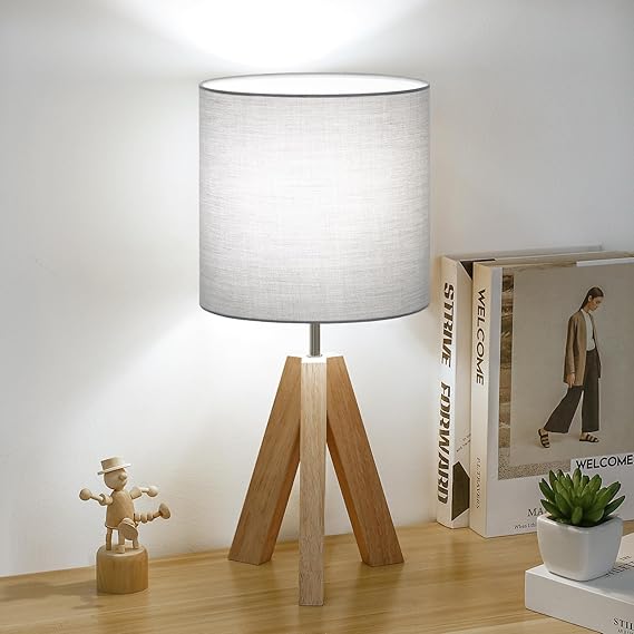 Small Beside Table Lamp, Wood Tripod Table Lamp with White Fabric Shade