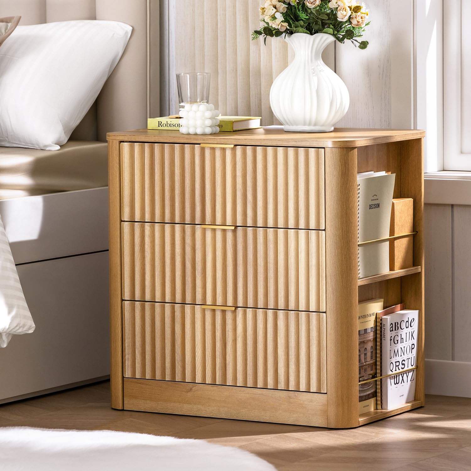 Fluted Nightstand with Charging Station and 3 Drawers