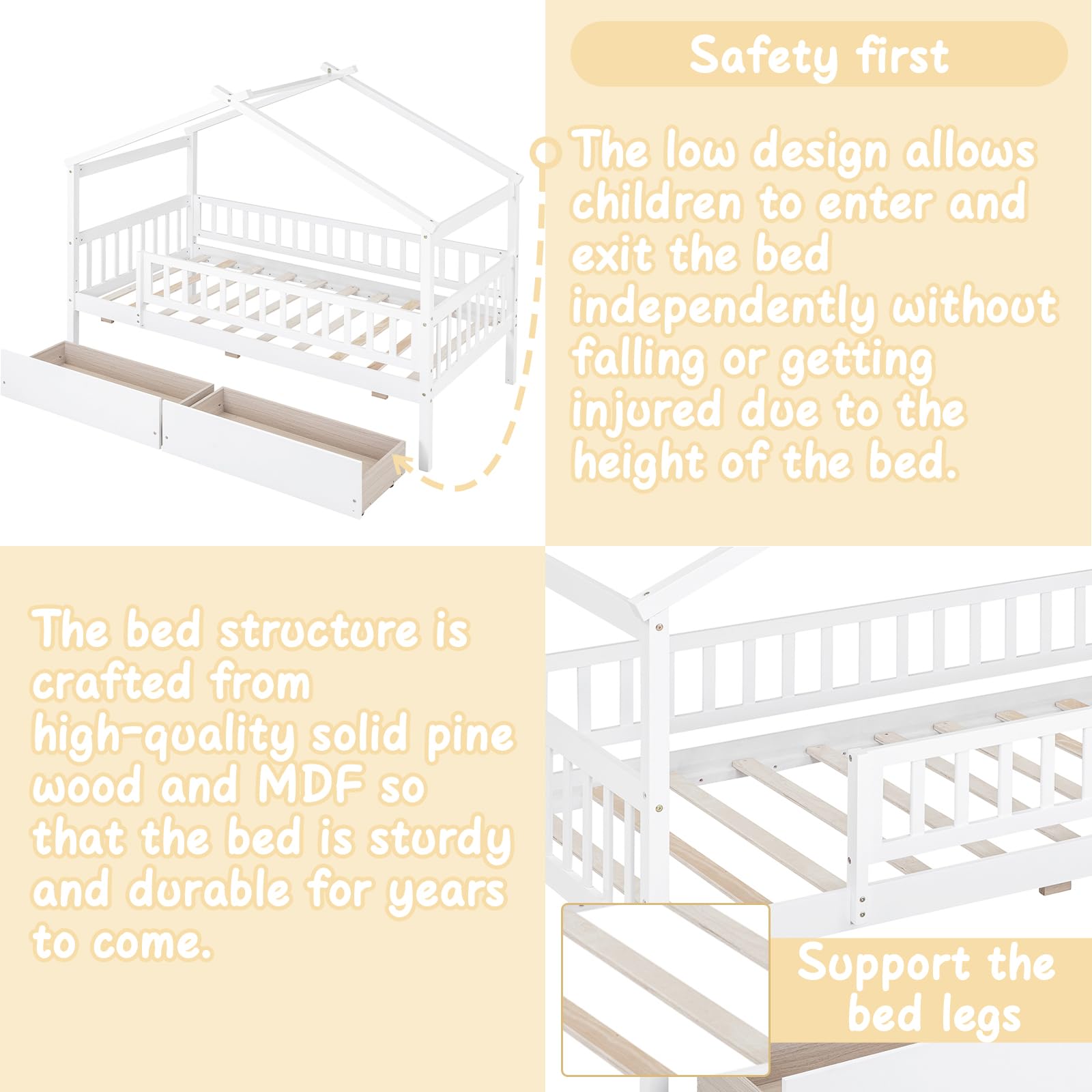 Twin House Bed with Storage Drawers for Kids