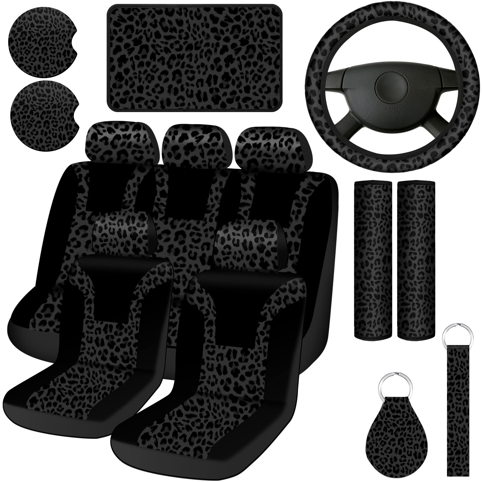 13 Pcs Leopard Print Car Accessories Set, Includes Seat Covers Set Leopard Steering
