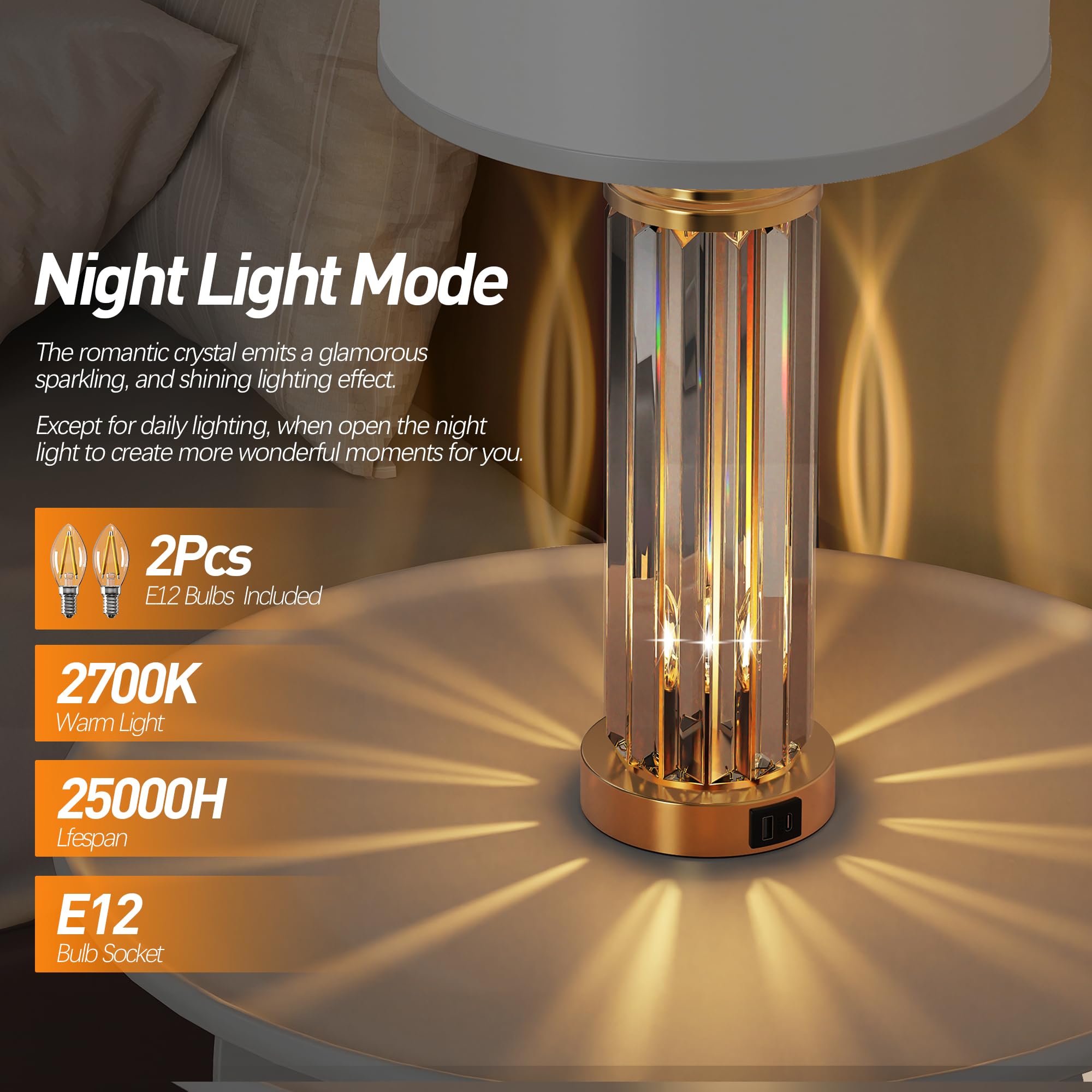 Crystal Table Lamps Set of 2 with USB Charging Ports and Night Light