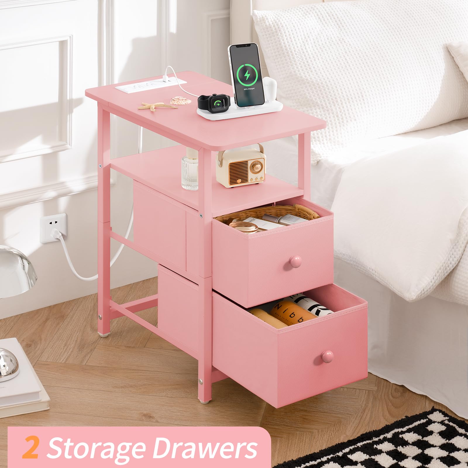 LED Nightstand with Charging Station and Fabric Drawers