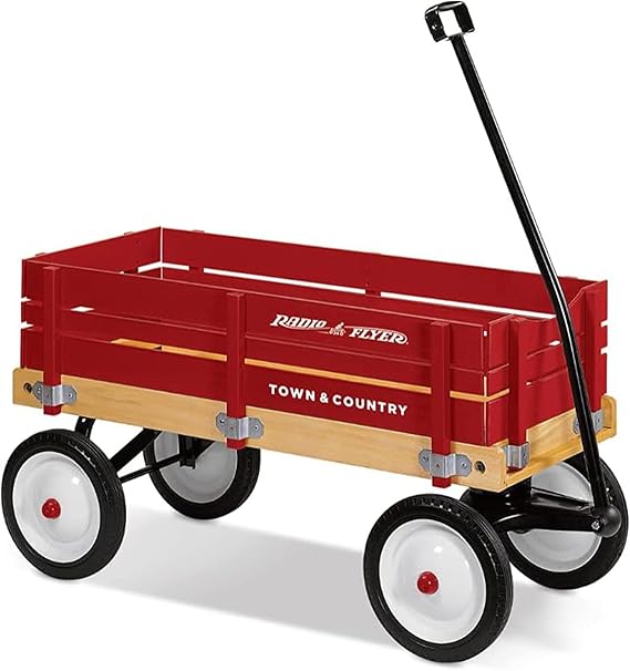 Pull Along Kids Wagon with Foldable Handle and Wooden Stake Sides