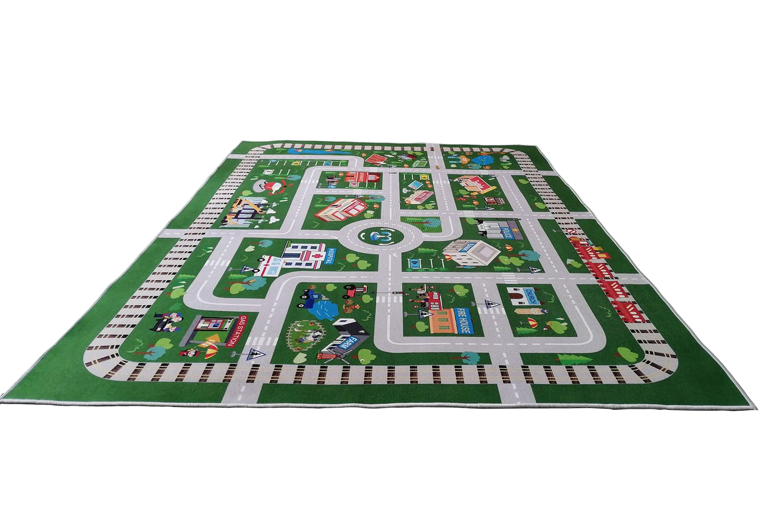 Kids Playroom Car Rug Play Mat - City Life Road for Cars, Fun City Map for Track Toys