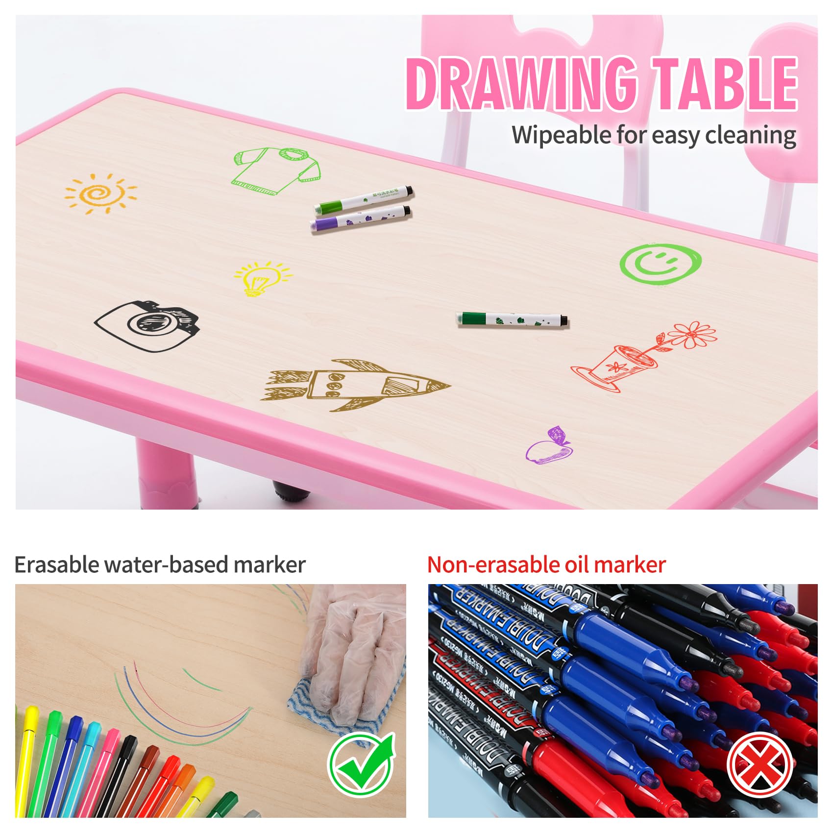 Height Adjustable Kids Table and Chairs Set with Graffiti Desktop