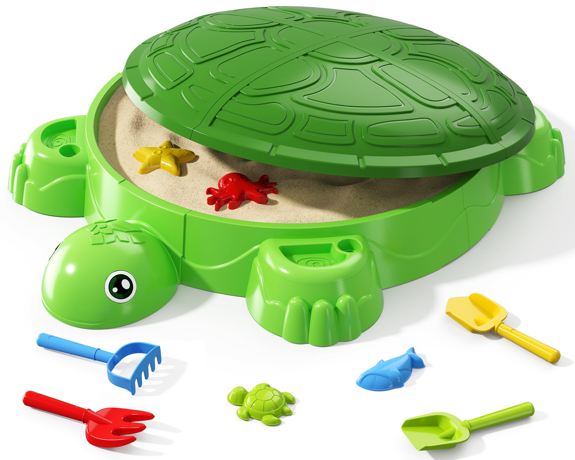 Turtle Sandbox with Lid, Sand Box with Cover incl 8 Sand Toys