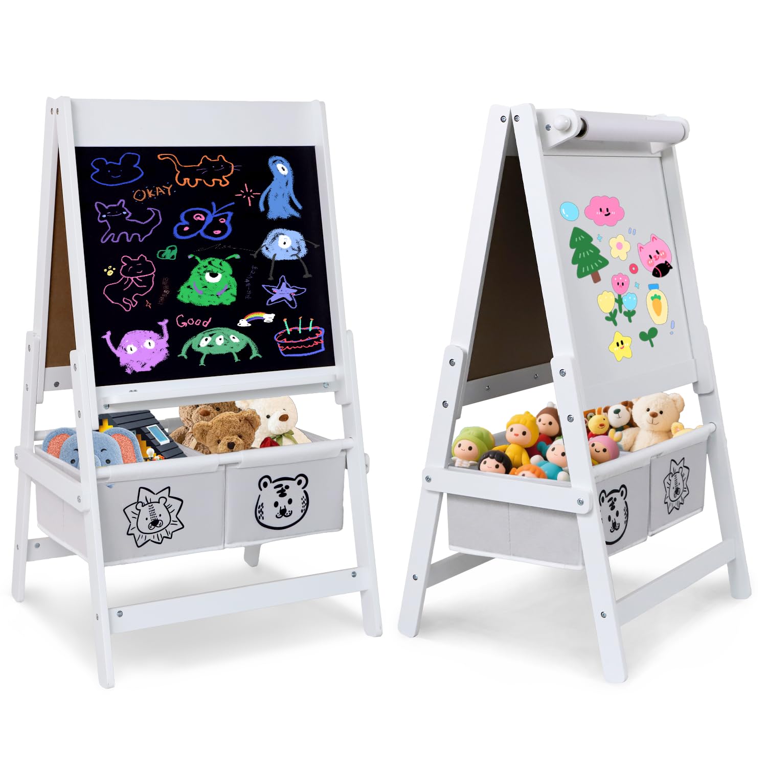Kids Art Easel with Paper Roll, Double-Sided Wooden Chalkboard