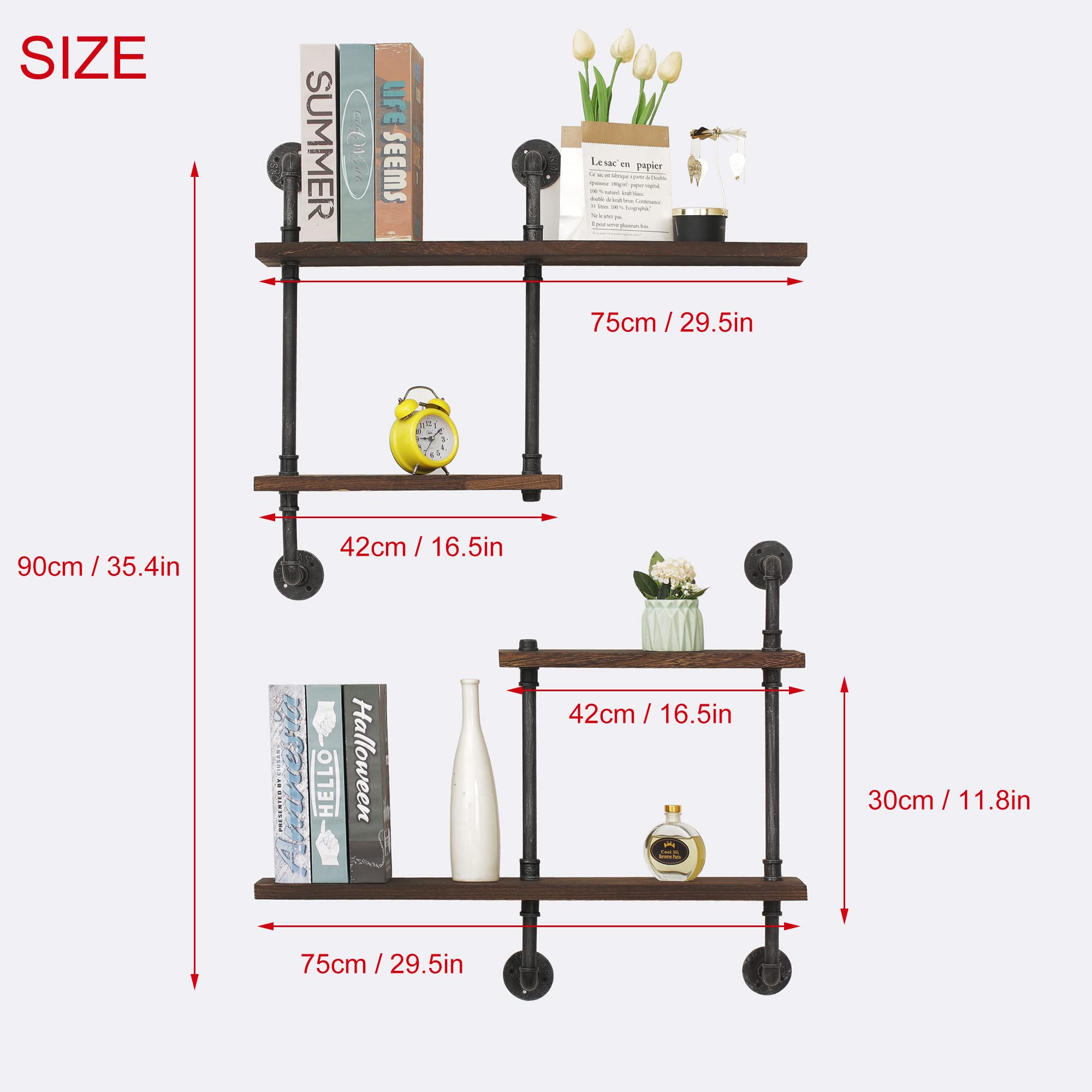 Industrial Pipe Wall Shelves 4-Tier Rustic Floating Bookshelf