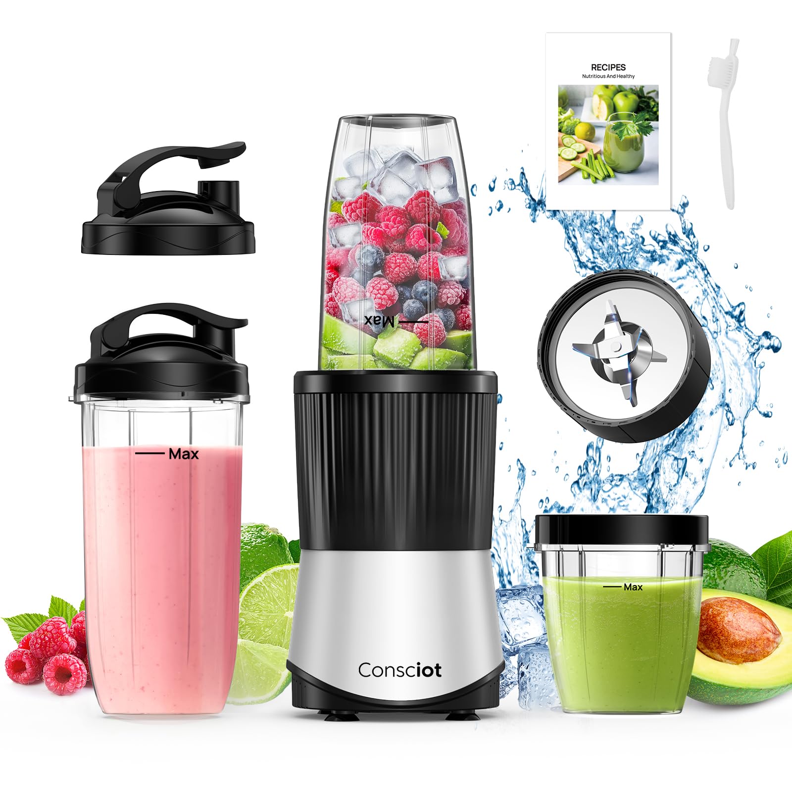Consciot CB08 11-Piece Blender for Kitchen and Personal Size, Blend Shakes and Smoothies, Frozen Drinks, Baby Food, Spreads & More, 3 Portable To-Go Cups & 2 Spout Lids & 1 Solid Lid, 900 Peak Watts