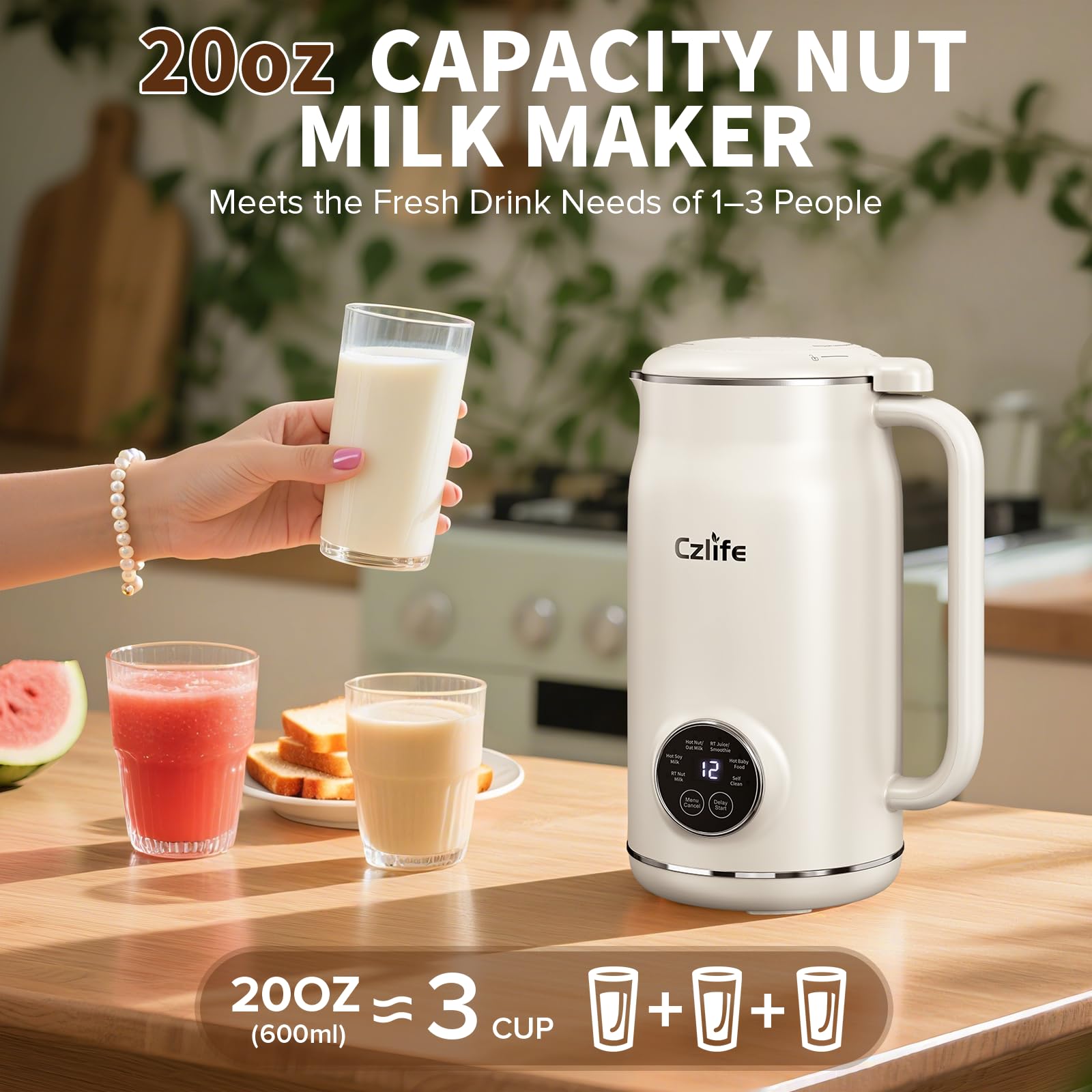 Czlife N5 Nut Milk Maker Machine, 20oz (600ml) Homemade Almond Milk, Soy, Oat, Coconut, Juice, Milkshake, Smoothies, Baby Food, Plant Based Milks with Delay Start, Keep Warm, Selfclean