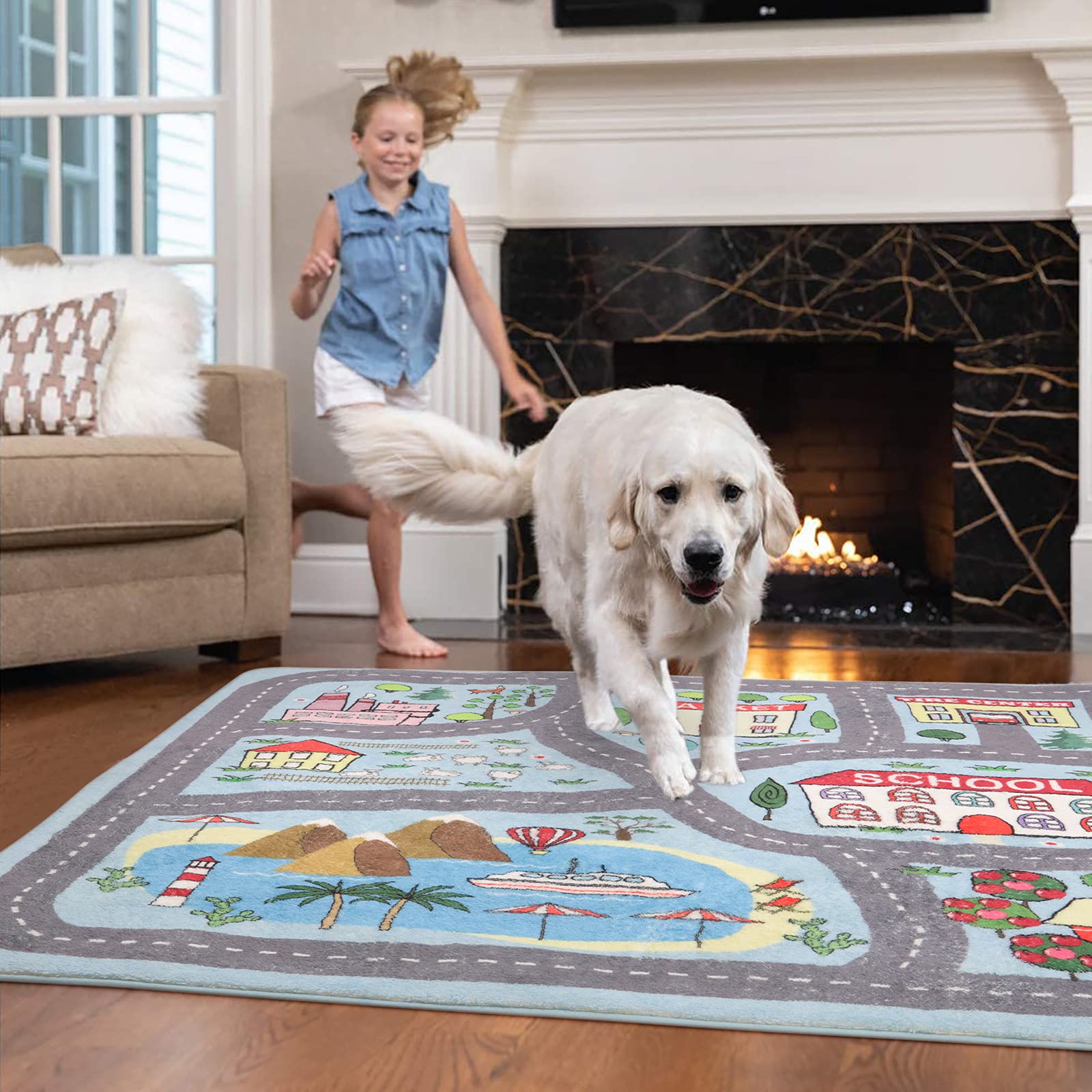 Extra Large Kids Playroom Rug Play Carpet 4’ x 6’, Blue Educational Children’s Play Mat