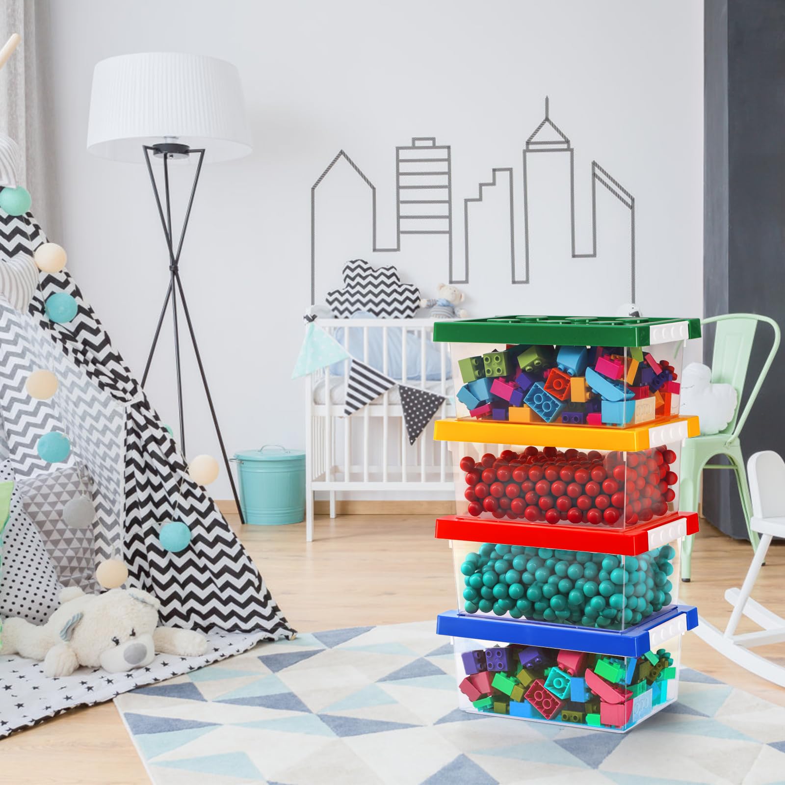 6QT Stackable Toy Storage Containers with Lids - 4 Pack Brick Shaped Organizer Bins