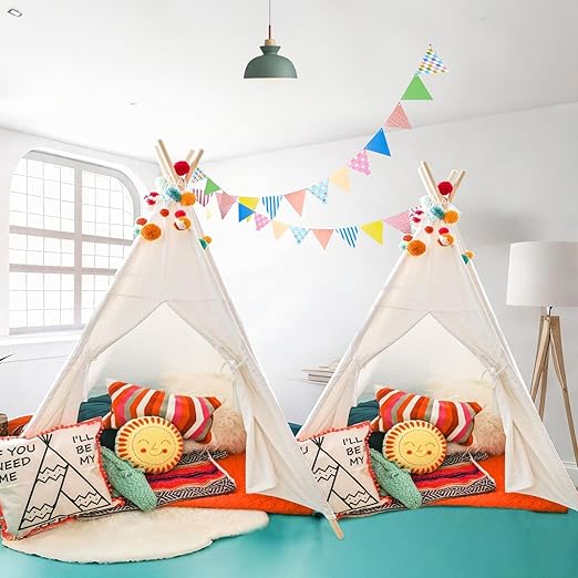 Teepee Play Tent for Kids with Gifts Coloured Flag, Feathers and Carry Case, Indoor Outdoor Playhouse for Baby Toddler, Teepee Toys for Boys and Girls
