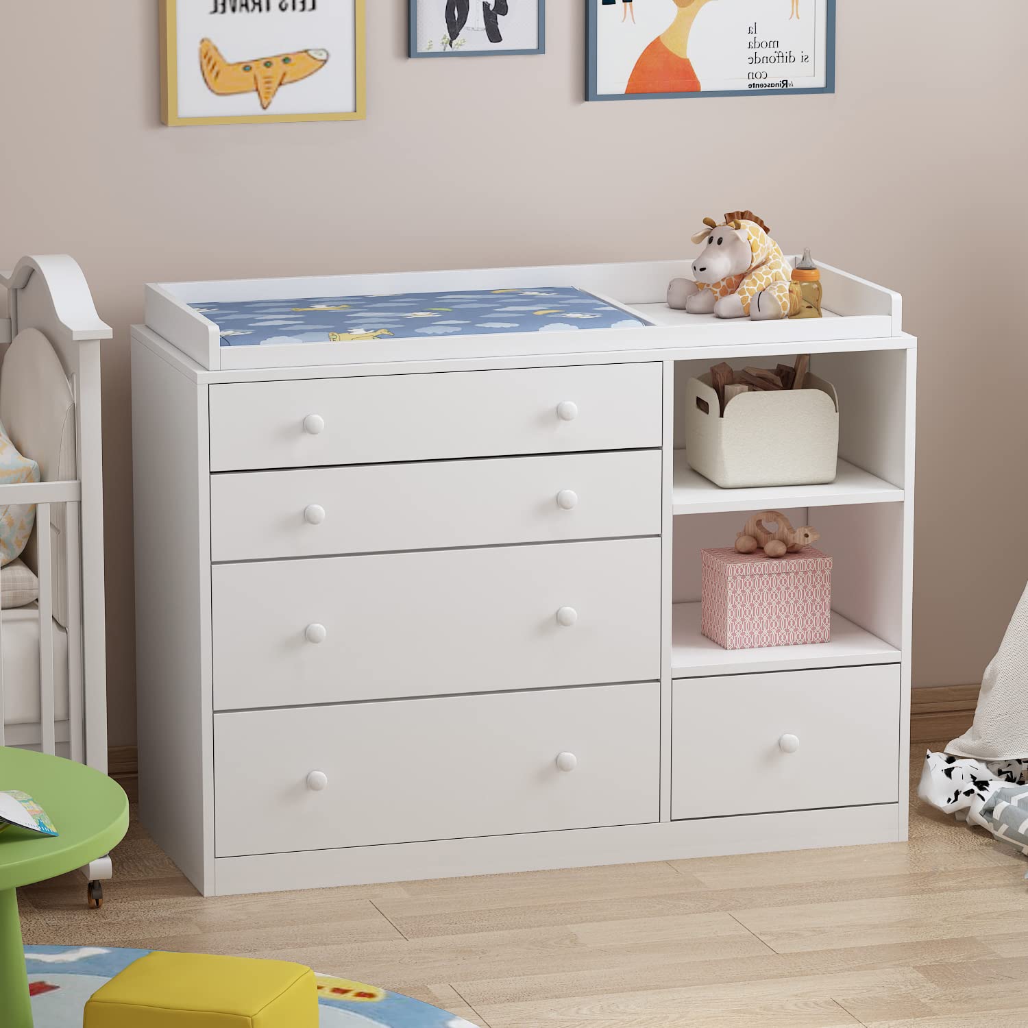 White Nursery Dresser with 5 Drawers & Storage Shelves