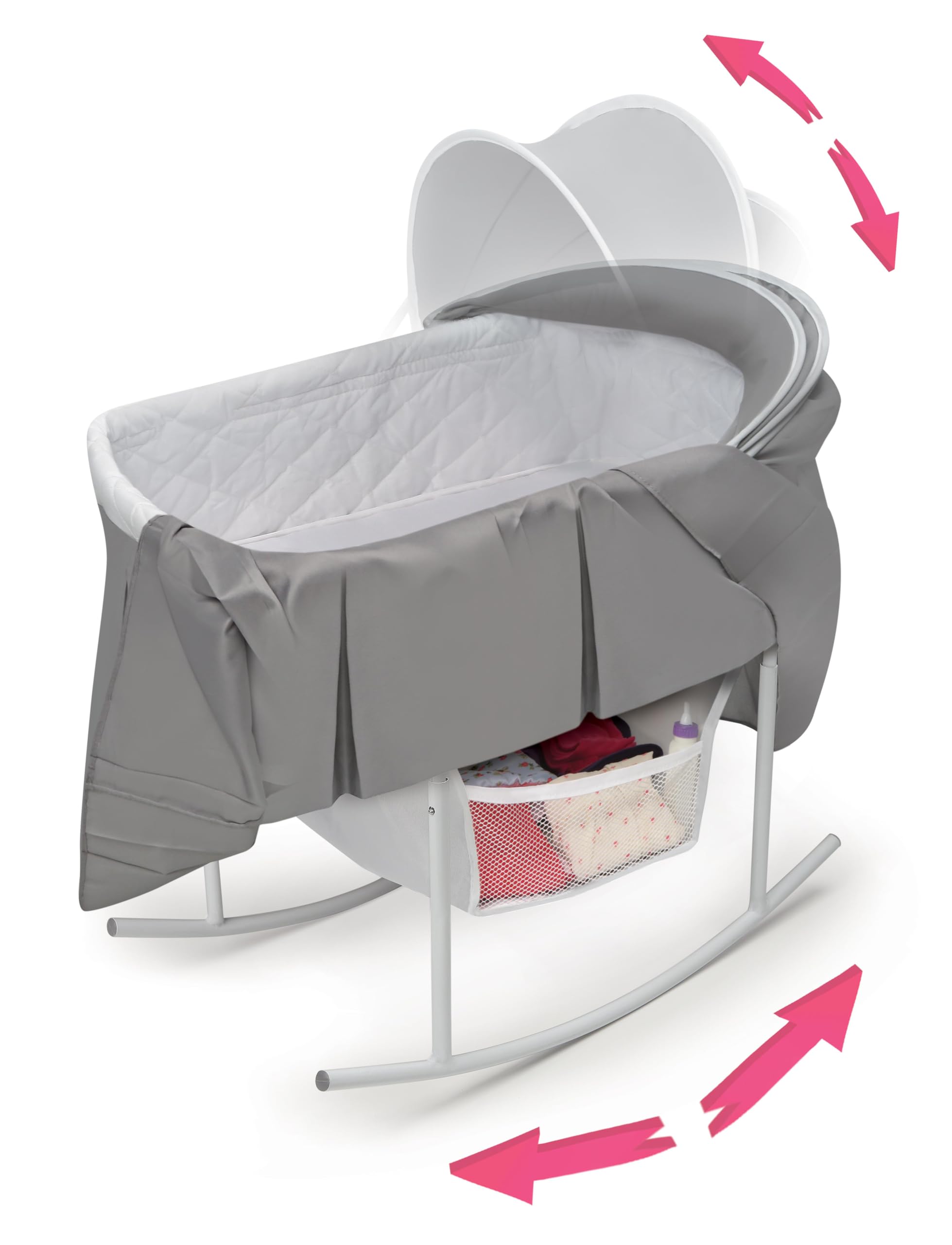 Rocking Doll Bassinet with Canopy and Storage Basket - Fits 18-20 Inch Dolls