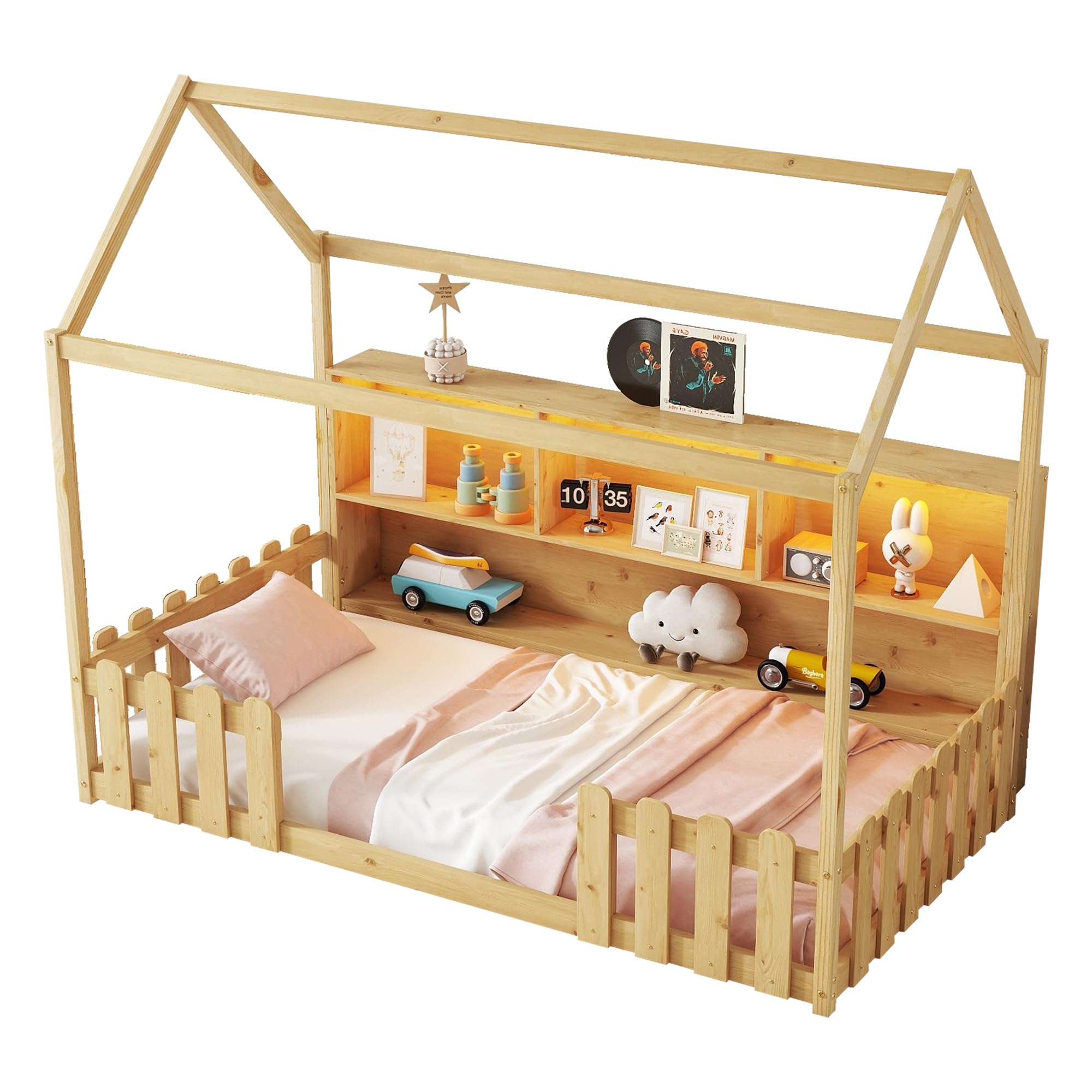 Twin Size House Bed with LED Light, Wood Montessori Floor