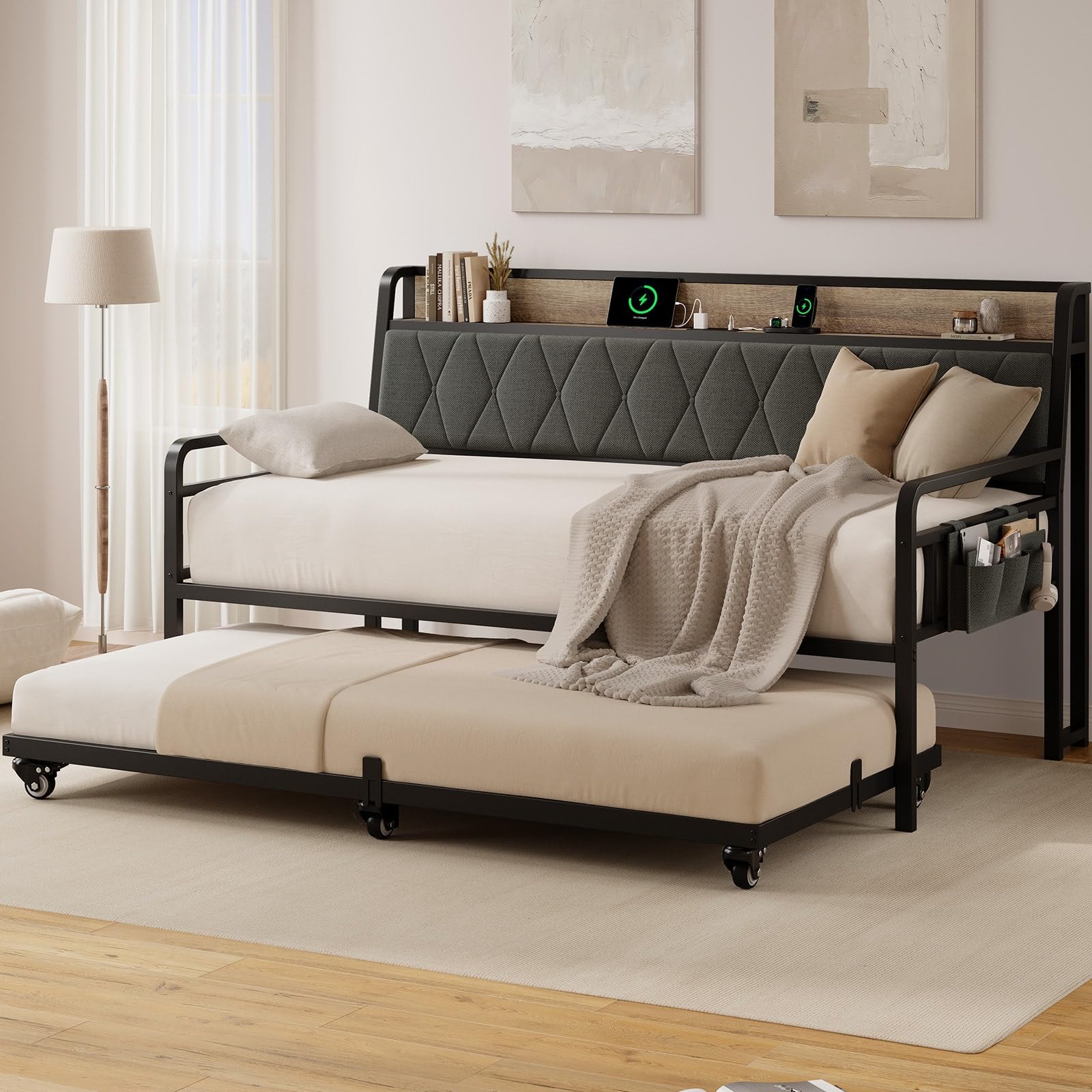 Twin Daybed with Trundle, Metal Bed Frame with Ergonomic