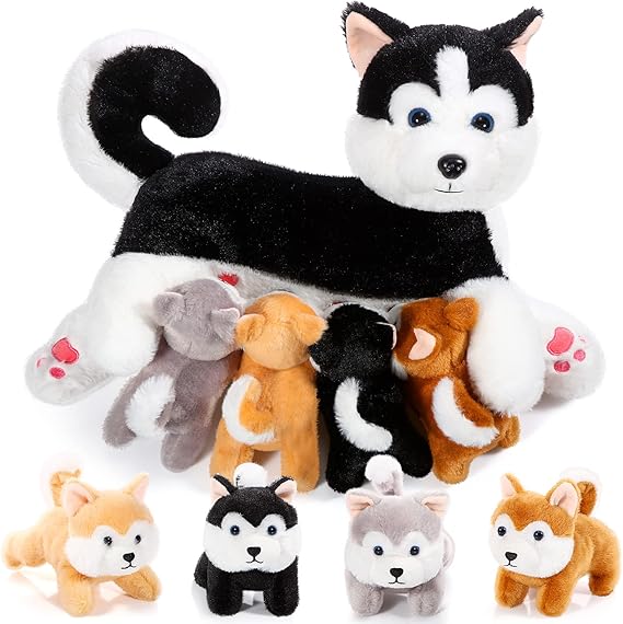 Nurturing Dog Mommy Plush Set with 4 Baby Puppies Soft Cute Dog Themed Stuffed Plush Toys for Kids Girls Boys Easter Birthday Gifts(Dachshund)