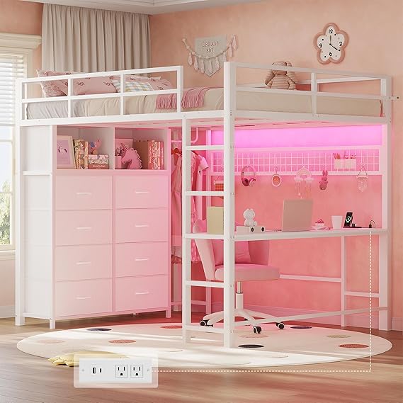 Twin Size Loft Bed with Desk and 8 Storage Drawers