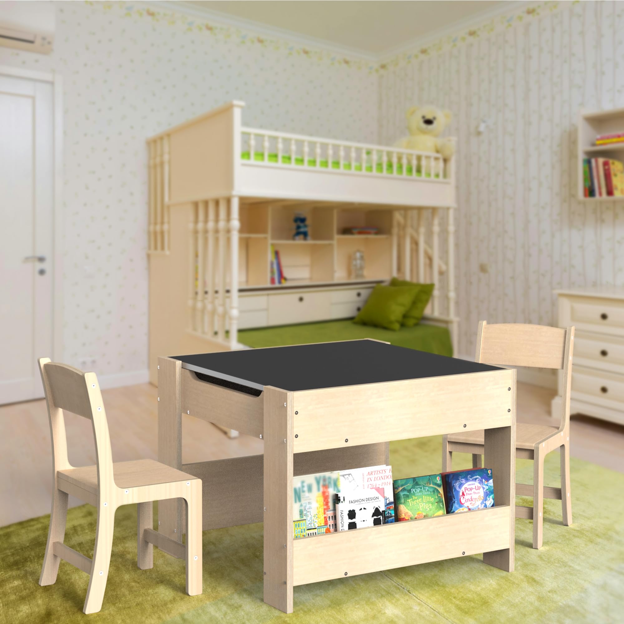Kids Wooden Activity Desk and Chair Set with Reversible Whiteboard Chalkboard