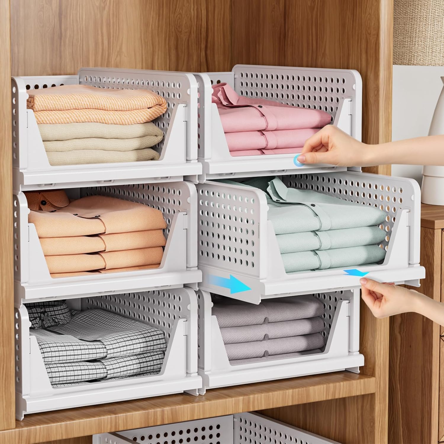 5 Pack Stackable Closet Storage Basket, Multifunctional & Foldable Closet Organizer