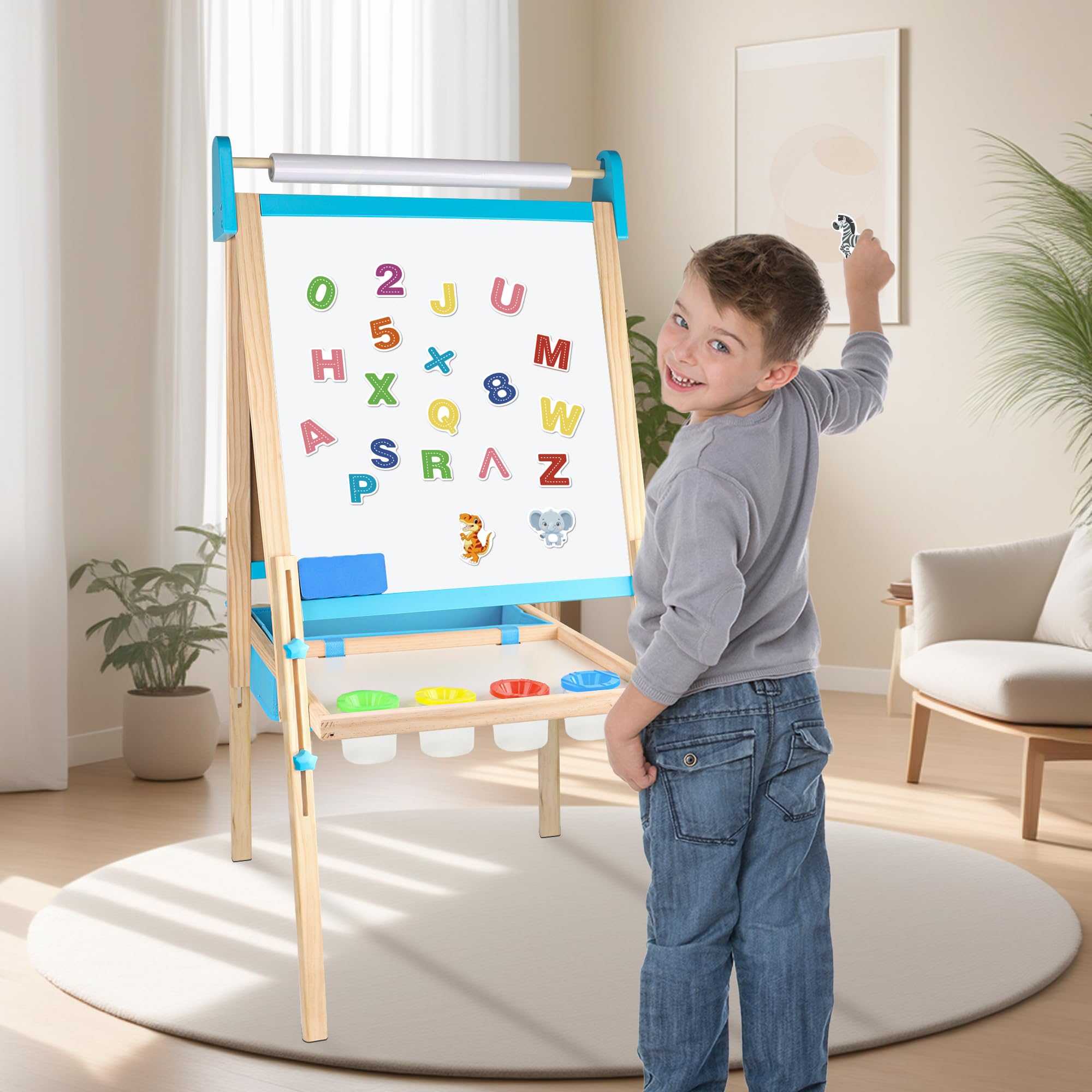 Wooden Adjustable Kids Easel with Magnetic Whiteboard