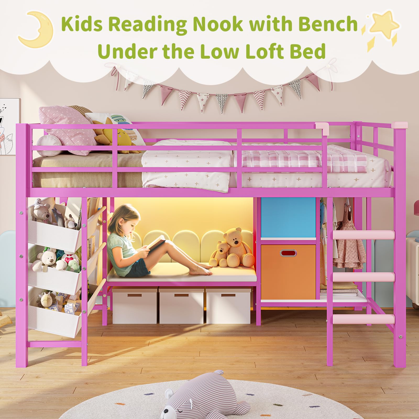Low Twin Loft Bed with Reading Corner LED Lights Storage Pink