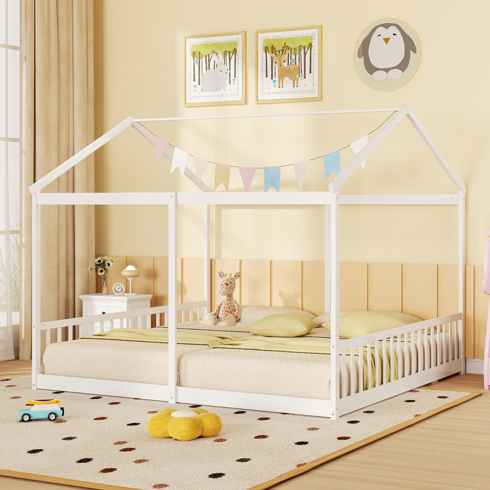 Double Twin Floor Beds for Kids with Fence and Roof