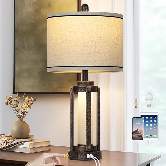 26" Modern Table Lamp with USB A+C Charging Ports & AC Outlet