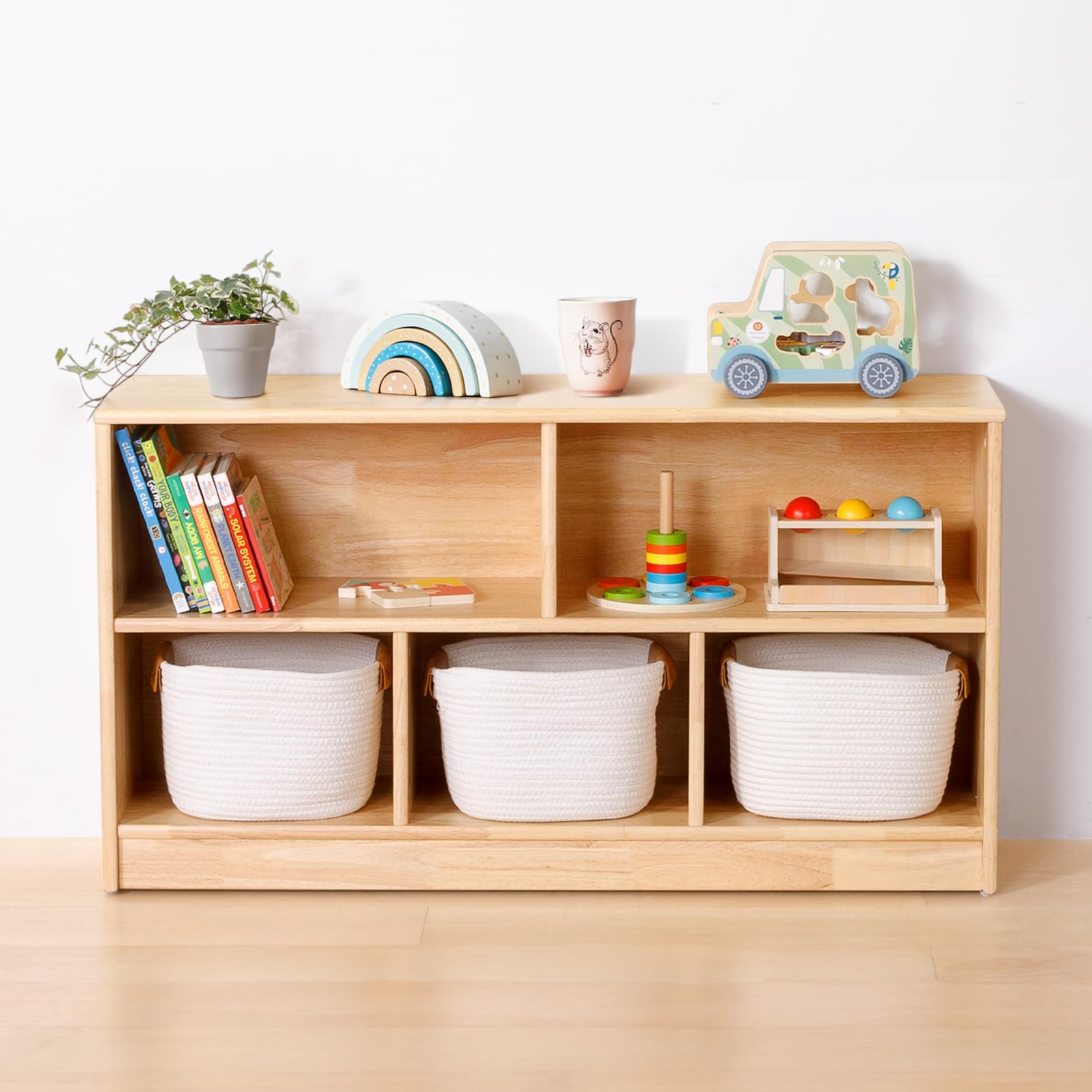 Rubber Wood 5-Compartment Montessori Shelf, 43.3" L, 2-Tier Toy Organizers and Storage