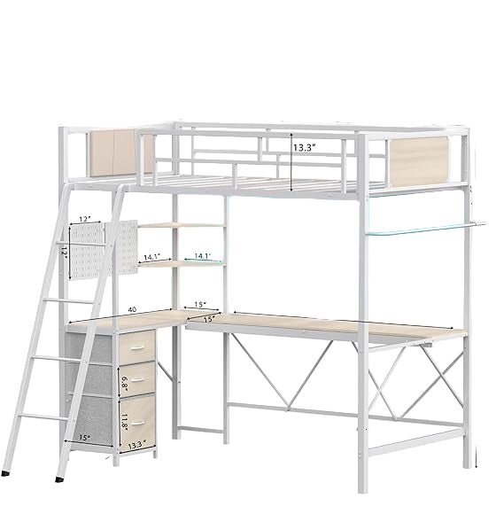 Loft Bed Twin Size with L-Shaped Desk, LED Lights