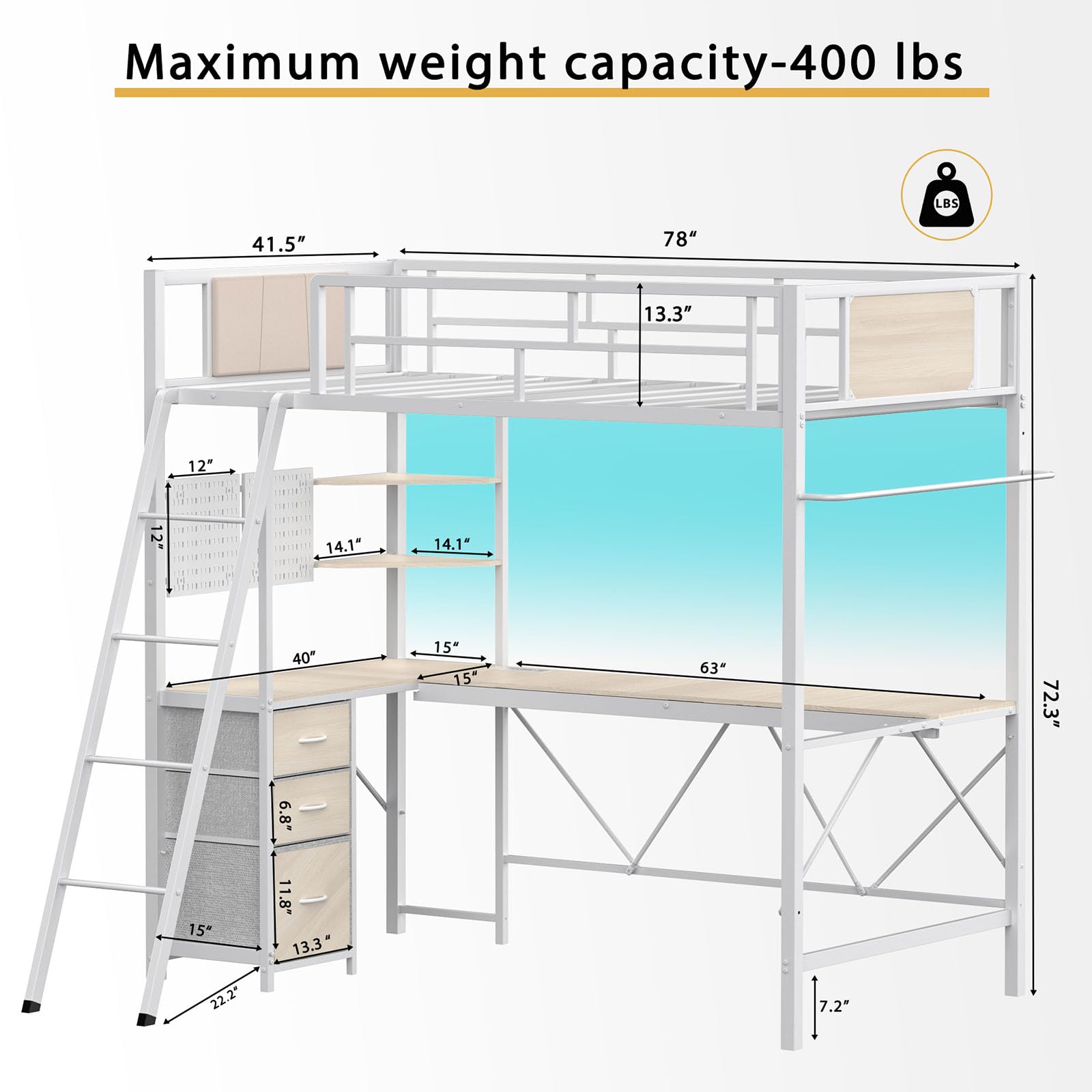 Twin Loft Bed with L-Shaped Desk and LED Lights