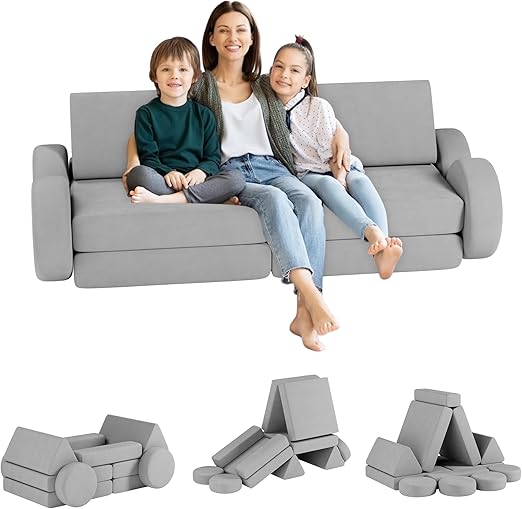 12PCS Modular Kids Play Couch, Velvet Convertible Toddler Sofa