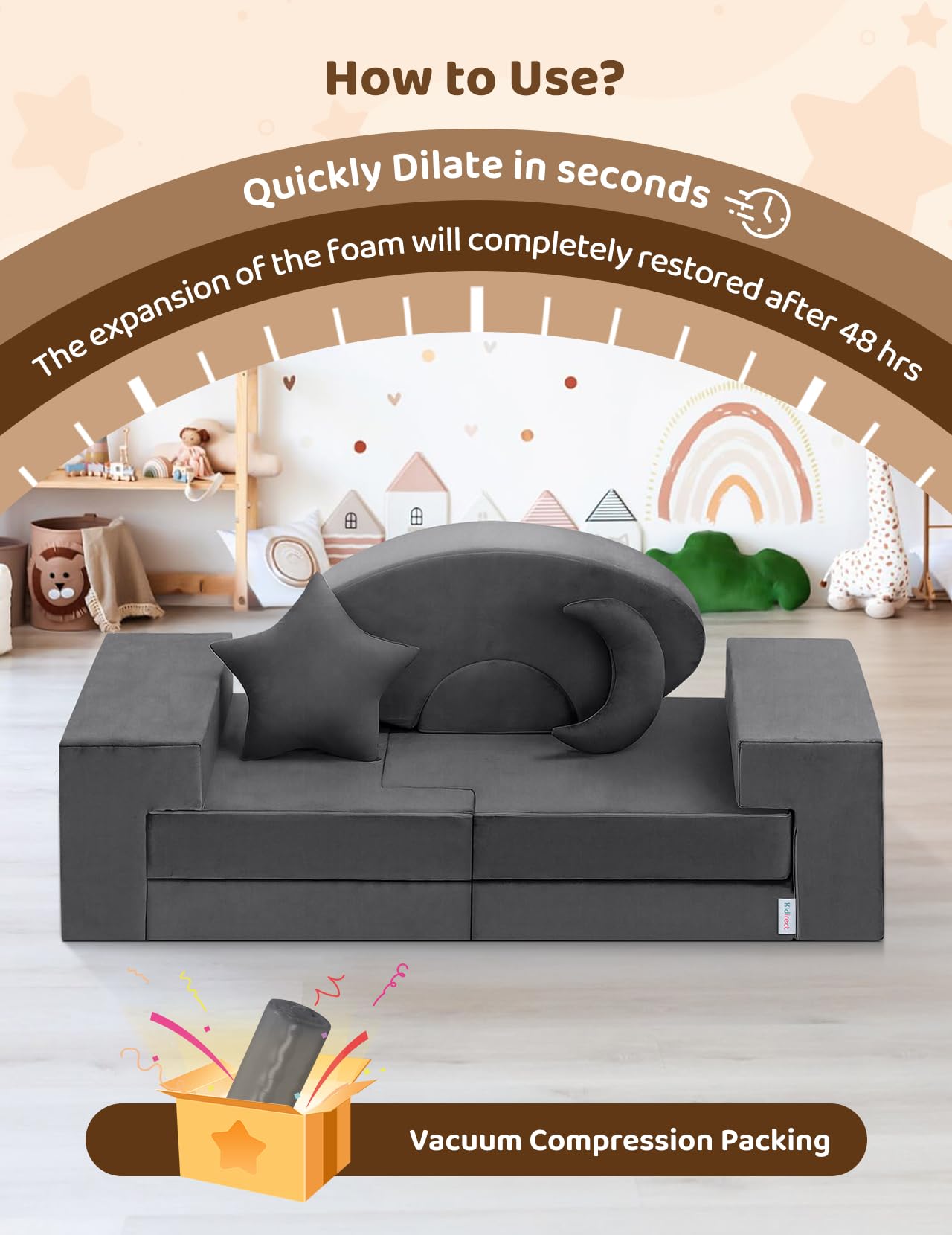 Modular Kids Play Couch with Rocking Horse Cushion and Star Moon Pillows